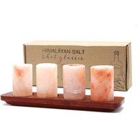 KDMD Set of 4 Himalayan Salt Shot Glasses with Wooden Serving Stand in Peach