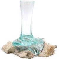KDMD Molten Glass & Whitewash Wood Vase - Small Hand-Blown Decor in Turquoise