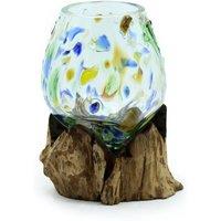 KDMD Molten Coloured Glass & Wood Bowl - Handcrafted Decorative Piece
