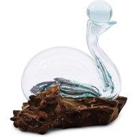 KDMD Molten Glass Duck Decanter on Wood - Handcrafted 19cm Art Piece in Turquoise