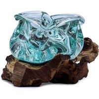 KDMD Molten Glass & Wood Ashtray Candle Holder 23cm - Indonesian Craft in Turquoise