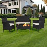 Lishetimig 4-Piece Rattan Garden Furniture Set with Glass Coffee Table & Cushions in Black