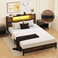 Costway Double Size Bed Frame Metal Platform Bed w/LED Lights&Charging Station in Brown
