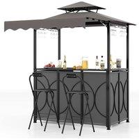 Costway Grill Gazebo w/ Awning Outdoor BBQ Canopy w/Table & 2 Foldable Chairs in Grey