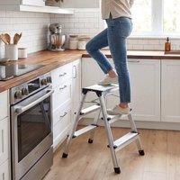 Costway Dual-Sided 3 Step Ladder Aluminum Folding Step Stool Household Ladder in Silver