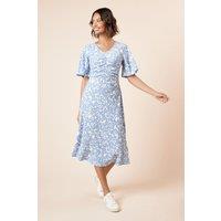 Dorothy Perkins Women's Blue Floral Angel Sleeve Ruched Front Jersey Midi Dress | Size: 14