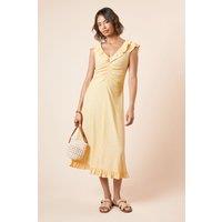 Dorothy Perkins Women's Yellow Spot Frill Neck Ruched Front Jersey Midi Dress | Size: 16