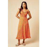 Dorothy Perkins Women's Petite Orange Ditsy Frill Neck Ruched Front Jersey Midi Dress | Size: 10