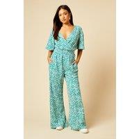 Dorothy Perkins Women's Petite Wrap Front Angel Sleeve Jersey Jumpsuit in Green | Size: 12
