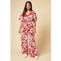 Dorothy Perkins Women's Petite Palm Print Wrap Front Angel Sleeve Jersey Jumpsuit in Red | Size: 10