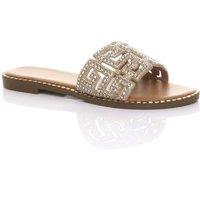 AJVANI Women's Flat Heel Diamante Mule Sandals Sliders in Gold | Size: 6