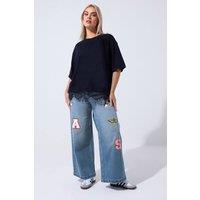 Yours Women's Badge Applique Wide Leg Jeans in Mid Blue | Size: 20