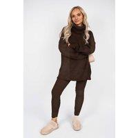 IKRUSH Women's Mila Chunky Knitted High Roll Neck Top Bottom Co-ord Set in Brown | Size: Medium/Large