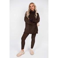 IKRUSH Women's Mila Chunky Knitted High Roll Neck Top Bottom Co-ord Set in Brown | Size: S/M