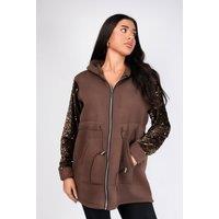 IKRUSH Women's Evalora Zip Up Hoodie With Sequin Sleeve Detail in Brown