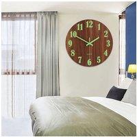 Living and Home D30Cm Imitation Walnut Grain Luminous Arabic Numerals Wall Clock in Brown