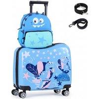 CASART 2PCS Kids Luggage Set Backpack &Ride-on Suitcase Travel Hardshell Case in Blue