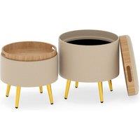 Gymax Set of 2 Leather Storage Ottomans with Flip Top Trays & Metal Legs in Beige