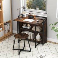 Costway Folding Table w/Stool 90 cm Computer Desk Set w/ AC Outlets in Brown
