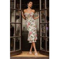 Goddiva Women's Cowl Neck Floral Print Jacquard Chiffon Tiered Midi Dress in Cream | Size: 8