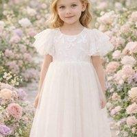 UK Flower Girl Boutique Girl's Bianca Dress - White - Tulle Shoulder | Size: 12-24 m