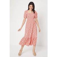 Dorothy Perkins Women's Ditsy Shirred Bodice Tiered Hem Jersey Midi Dress in Pink | Size: 8