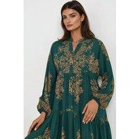 Hiccup Women's Printed Long Sleeve Viscose Maxi Dress in Dark Green | Size: XL