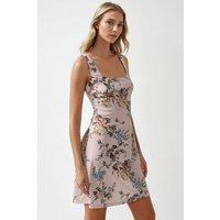 Hiccup Women's Bodycon Mini Dress with Square Collar & Floral Print in Baby Pink | Size: Medium