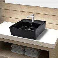 Berkfield Home Ceramic Bathroom Sink Basin Faucet /Overflow Hole Black Square