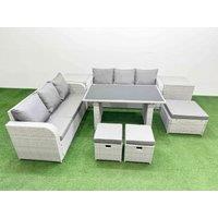 Fimous 9 Seater Rattan Outdoor Dining Table Set with 2 Side Tables 3 Stools in Light Grey