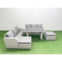 Fimous 8 Seater Rattan Outdoor Dining Table Set with 2 Big Stools in Light Grey