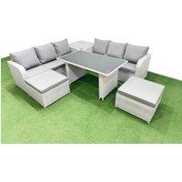 Fimous 8 Seater Rattan Outdoor Dining Table Set with Side Table 2 Big Stools in Light Grey