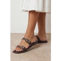 Oasis Women's Bettie Faux Leather Double Buckle Strap Flat Sandals in Chocolate | Size: 5