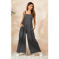 FS Collection Women's Strappy Bardot Loungewear Jumpsuit In Charcoal Grey | Size: Medium