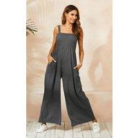 FS Collection Women's Strappy Bardot Loungewear Jumpsuit In Charcoal Grey | Size: Large