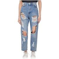 Smart Living Women's High-Waisted Multi-Rip Mom Jeans - Classic Style with Modern Edge in Mid Blue | Size: 12