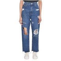Smart Living Women's Casual Style High-Waisted Torn Hem Rip Mom Jeans in Dark Blue | Size: 12