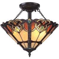 Netlighting Cambridge 2 Light Semi Flush Ceiling Light Vintage Bronze Tiffany Glass E27 in Brown
