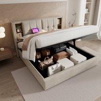 BTM Upholstered Hydraulic Storage Bed Frame With Wireless Charging in Beige | Size: Double