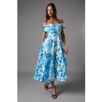 Coast Women's Stripe Organza Pleated Top Floral Print Midi Dress in Blue | Size: 8