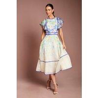 Coast Women's Placement Print Frill Sleeve Midi Dress in Cream | Size: 12