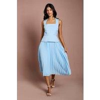 Coast Women's Petite Lisa Tan Bandage Peplum Georgette Pleated Skirt Midi Dress in Light Blue | Size: 6