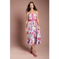 Coast Women's Printed Lace Trim Pleated Midi Dress in Blue | Size: 10