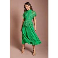 Coast Women's Collared Lace Top Pleated Skirt Midi Dress in Green | Size: 12