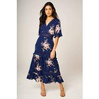 FS Collection Women's Romantic Floral Lace Midi Dress with Angel Sleeves In Navy | Size: XS