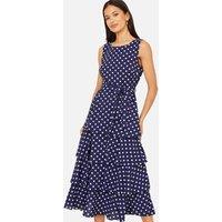Yumi Women's Navy Spot Tiered Midi Skirt Dress | Size: 16