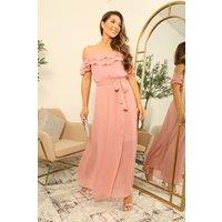 DOUBLE SECOND Women's Double Frill Off-shoulder Maxi dress in Baby Pink | Size: 14