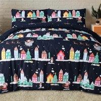 Smart Living Santa Town Xmas Festive Reversible Polycotton Duvet Cover with Pillowcases | Size: Single