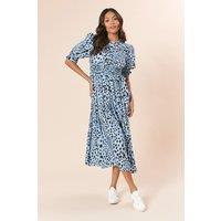 Dorothy Perkins Women's Blue Animal Shirred Bodice Puff Sleeve Midi Dress | Size: 16