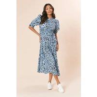 Dorothy Perkins Women's Blue Animal Shirred Bodice Puff Sleeve Midi Dress | Size: 18